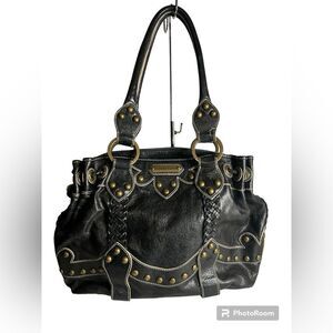 Isabella Fiore Black Leather Bag with Gold Studs